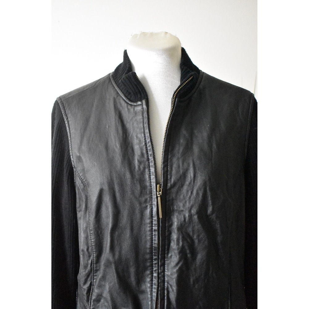 Jaclyn Smith Leather Knit Jacket Womens M Black Y2K Mixed Media Full Zip Moto - Picture 2 of 9